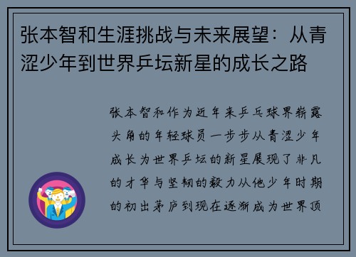 张本智和生涯挑战与未来展望：从青涩少年到世界乒坛新星的成长之路