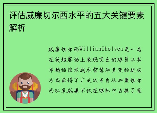 评估威廉切尔西水平的五大关键要素解析